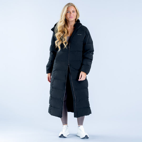 Women's black long down jacket, front view with zip and hood