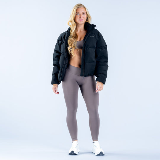Black short down jacket with full-zip front and stand collar