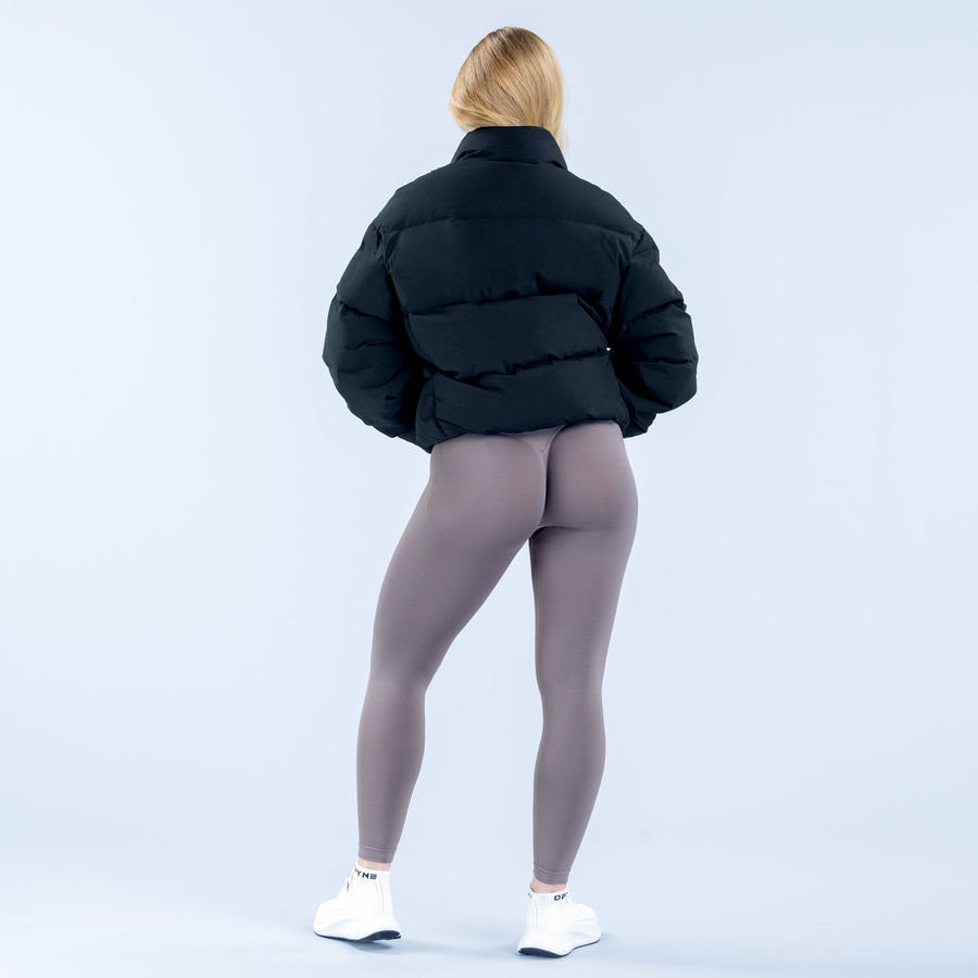 Black short down jacket, back view, quilted puffer with full-zip