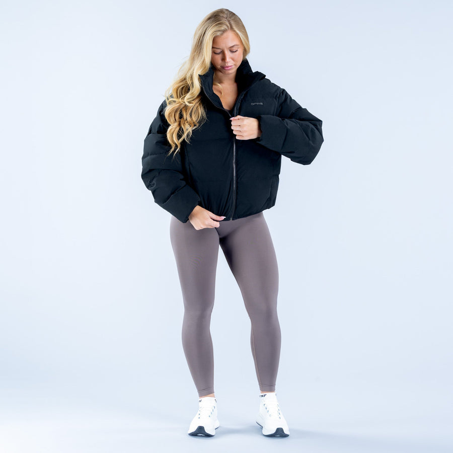 Black short down jacket with zip front, standing collar and padded sleeves
