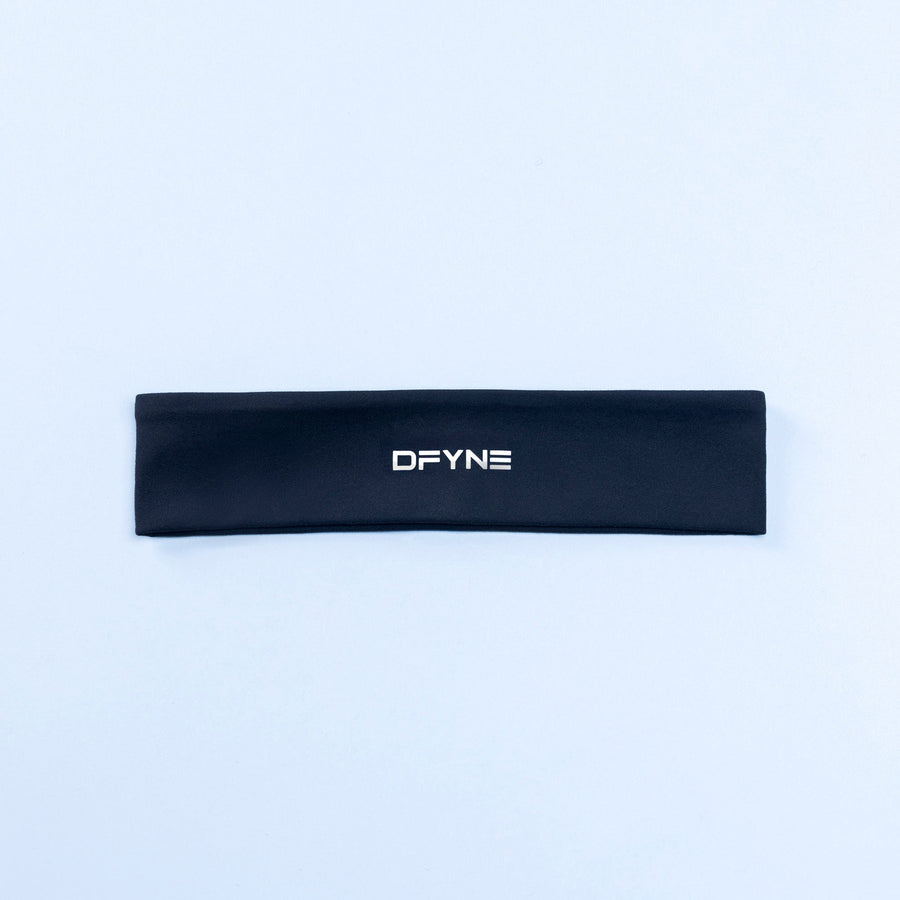 Wide DFYNE logo headband in dark navy, flat stretch band