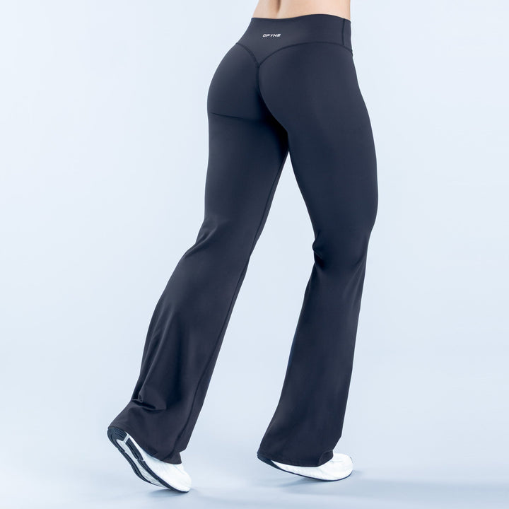 High-waist black flared leggings, smooth stretch fabric, full-length bootcut