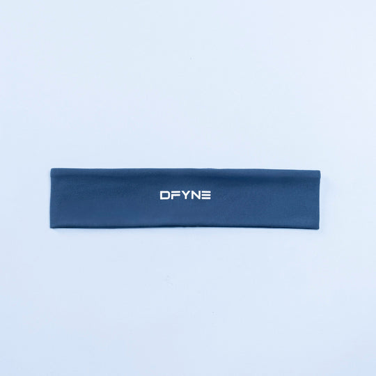 Navy DFYNE logo headband, flat lay