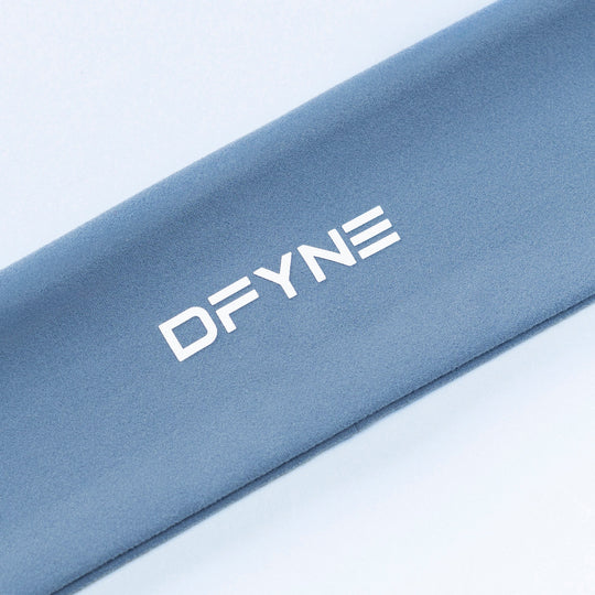 Blue-gray Origin headband close-up with DFYNE logo