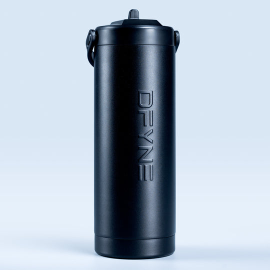 Black insulated water bottle with embossed lettering and loop handle