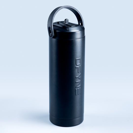 Black insulated water bottle with carry handle and flip-top lid