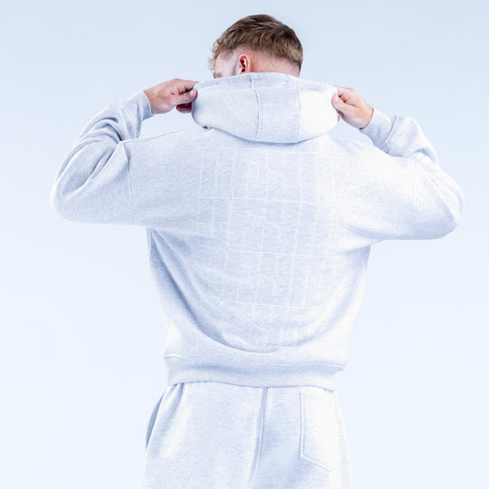 Light blue hoodie with large back square grid graphic, hood and drawstring