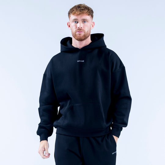 Black graphic hoodie with small chest logo and front pocket