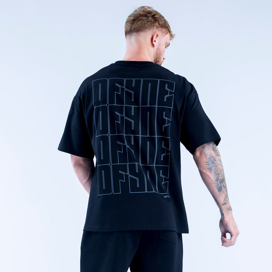 Men's black crew-neck graphic T-shirt with large outlined back graphic