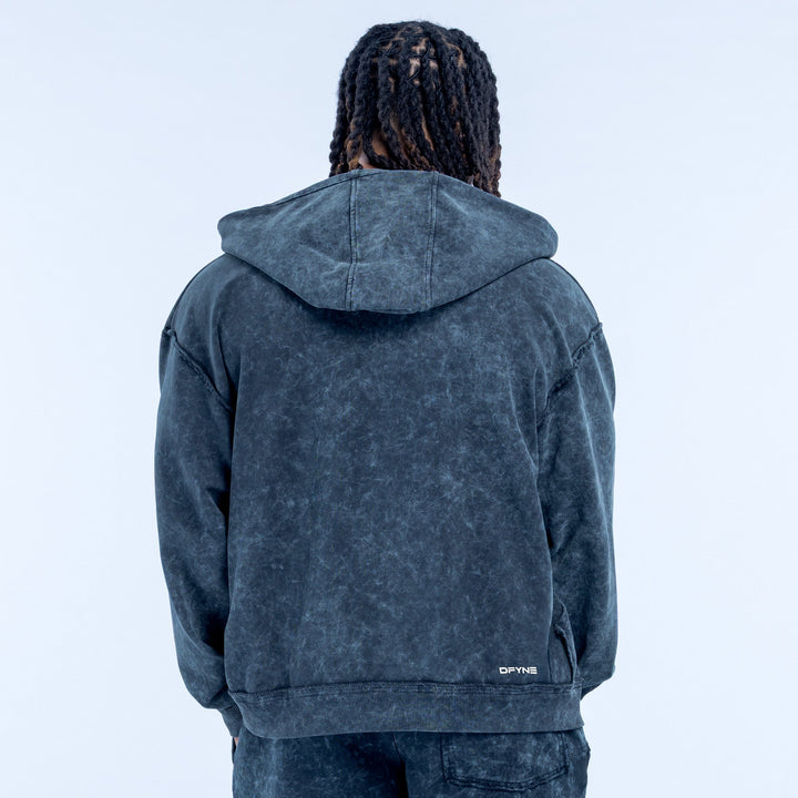 Back view of dark gray washed zip hoodie with hood