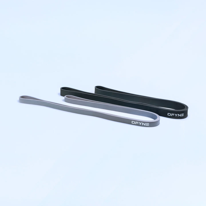 Resistance bands 2-pack: black and gray loop bands laid flat with DEYNE text