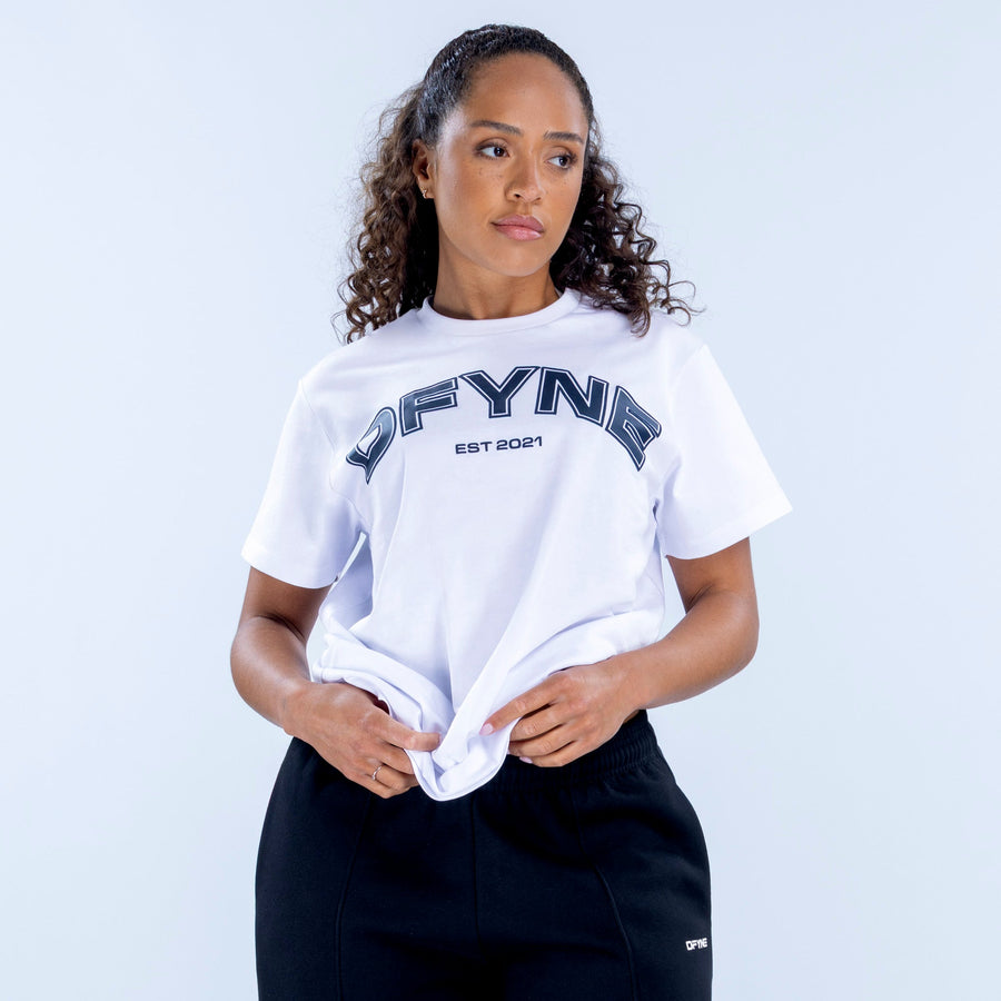 Oversized white graphic T-shirt with DFYN EST 2021 logo print, relaxed fit