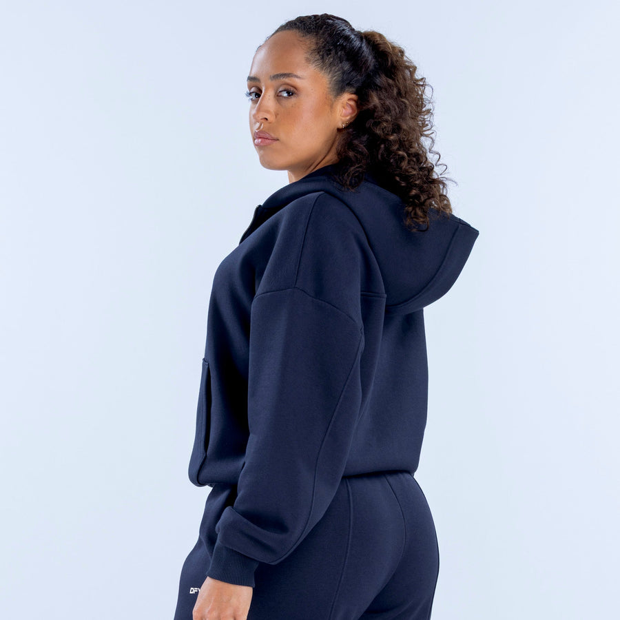 Navy zip hoodie with hood, side view, long sleeves
