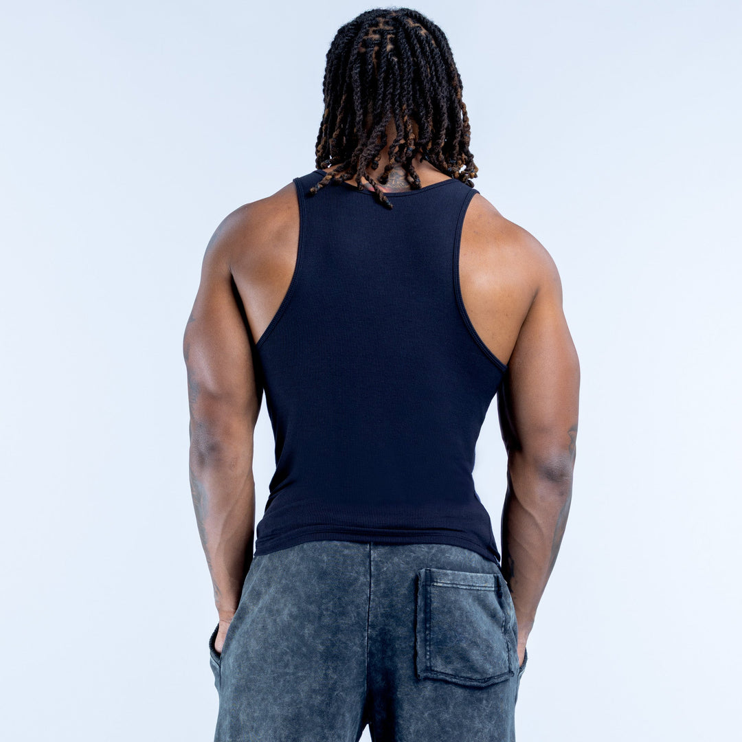 Navy ribbed sleeveless vest, back view with racerback-style straps