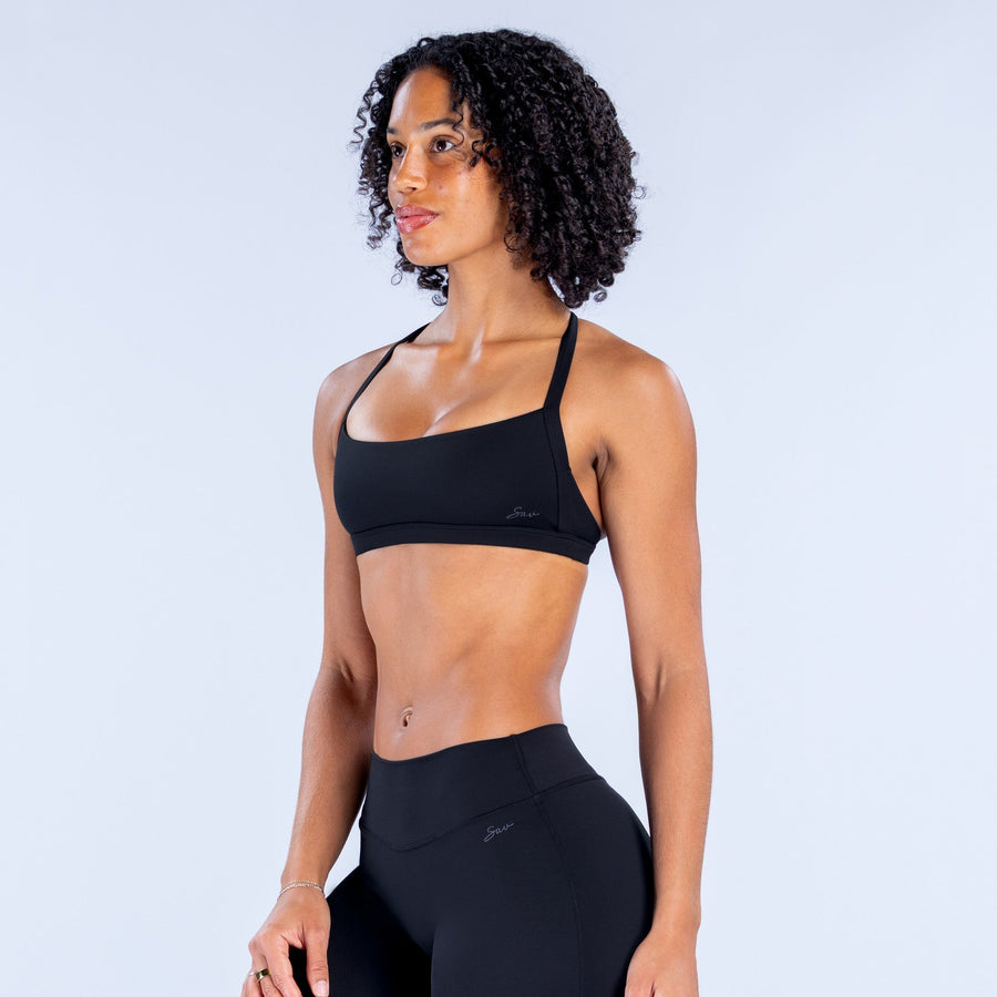 Black sports bra with wide straps and a straight neckline