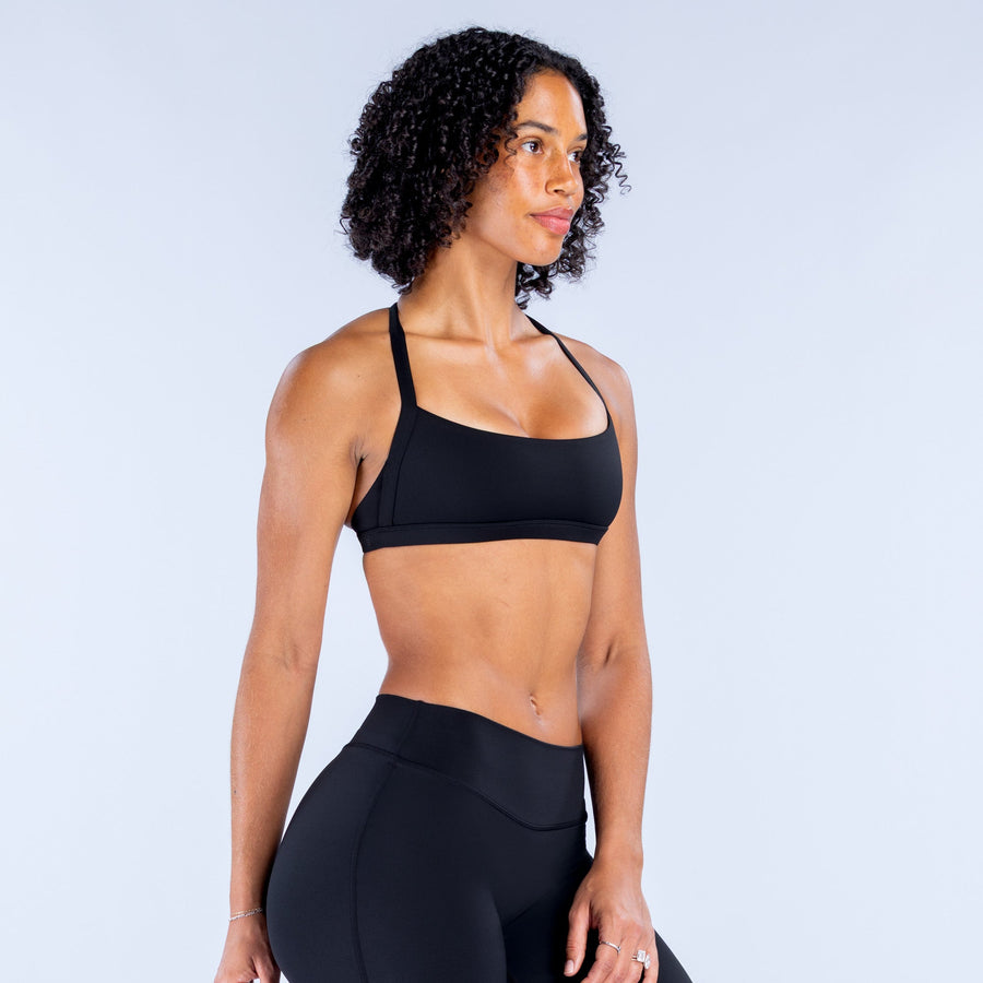 Black sports bra with thin straps and a square neckline
