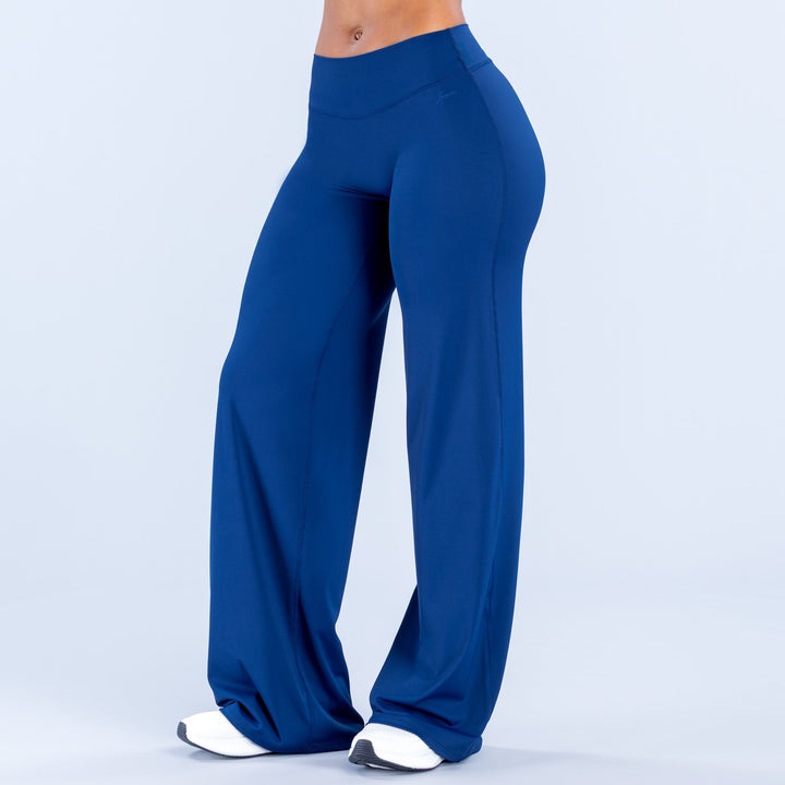 Blue wide-leg pants with high waist, draped front and wide straight legs