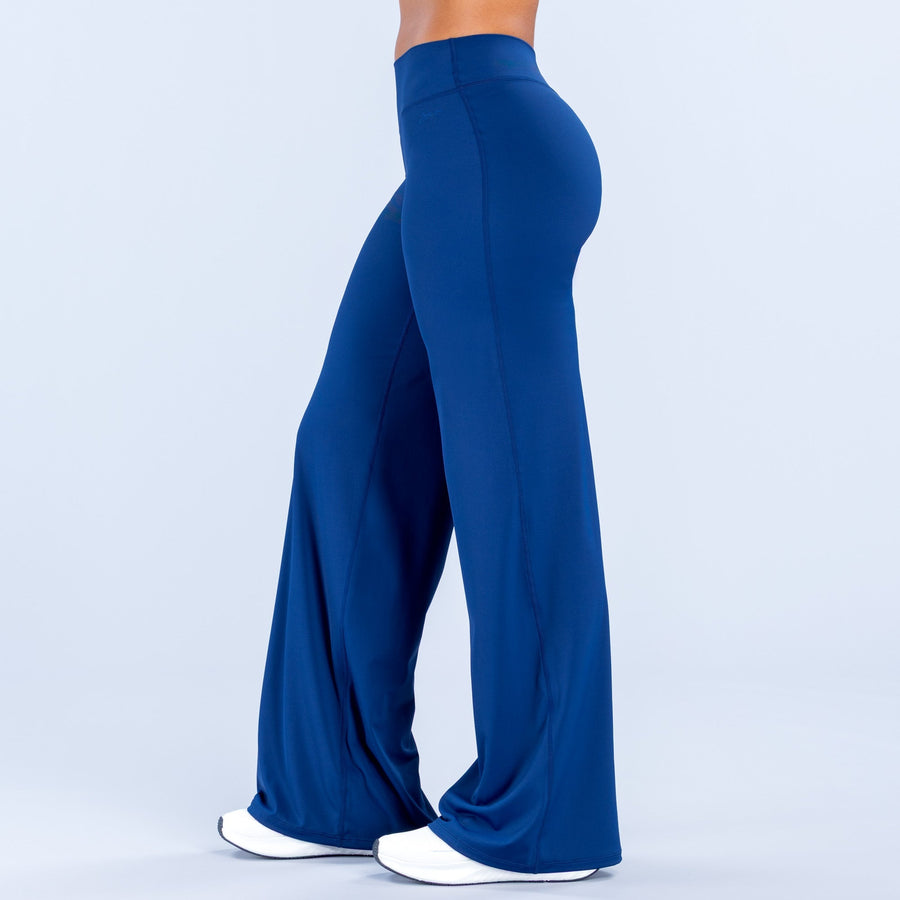 Blue wide-leg pants with high waist seam detail and flowing wide legs