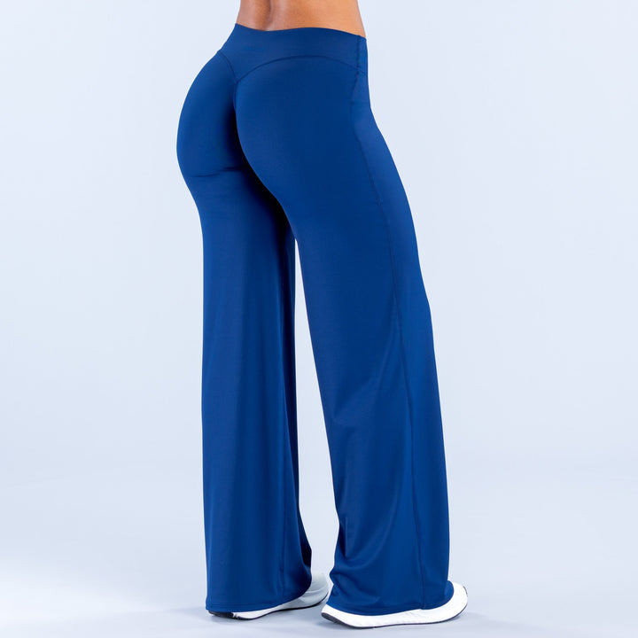 Blue wide-leg pants, full back view with high waist and smooth drape