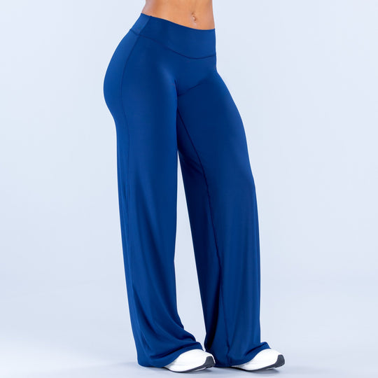 Blue wide-leg pants, front side view with high rise waistband and wide cuffs