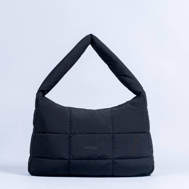 Quilted puffer hobo bag with top handles, dark fabric and subtle logo