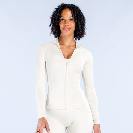 Off-white Sav Zippy zip-up long-sleeve set with full front zipper and stand collar