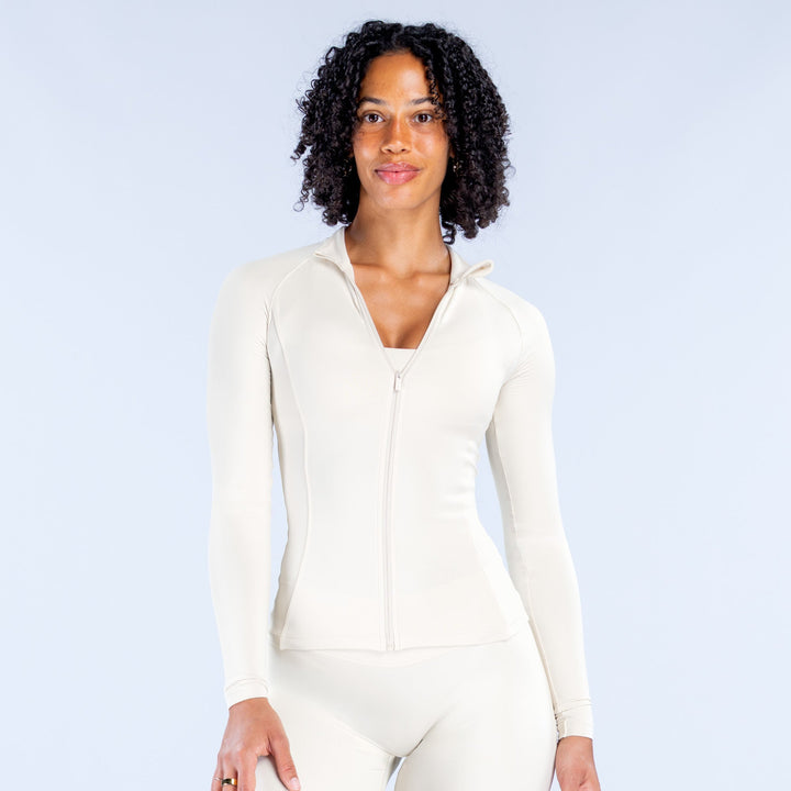 Off-white Sav Zippy zip-up long-sleeve set with full front zipper and stand collar