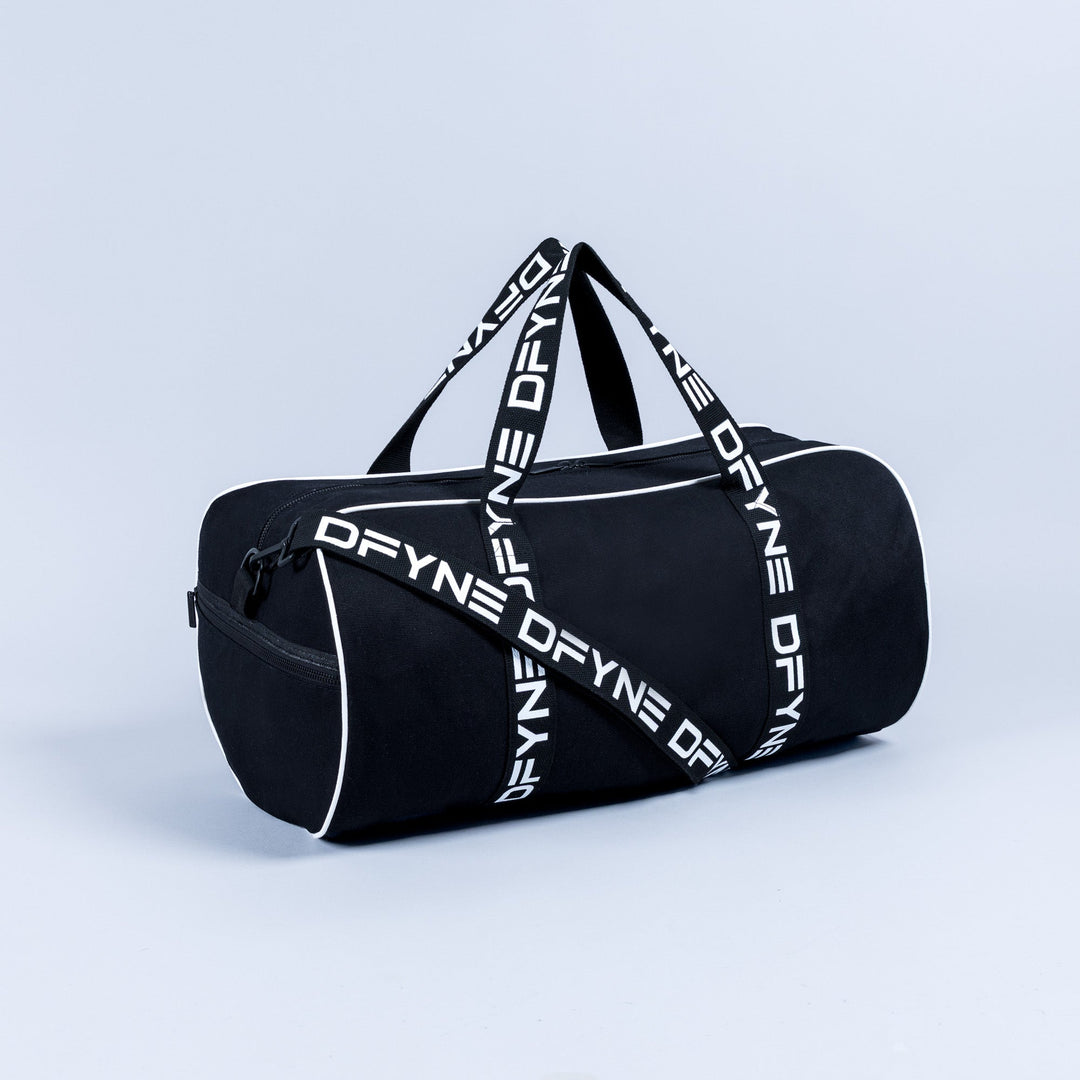 Black duffle bag with white logo strap and front zipper pocket
