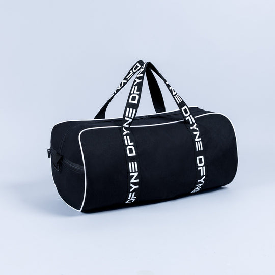 Black duffle bag with white logo webbing handles and light piping