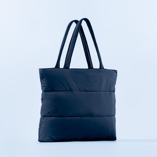 Navy padded puffer tote bag with double top handles