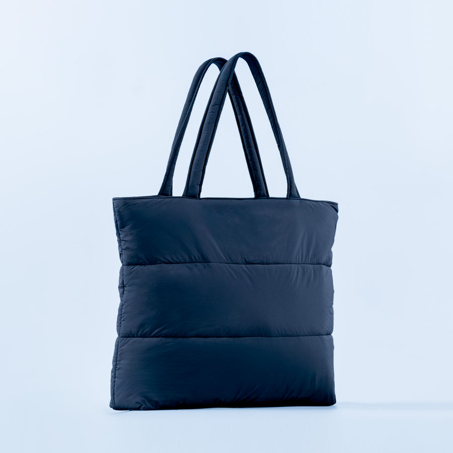 Navy padded puffer tote bag with double top handles