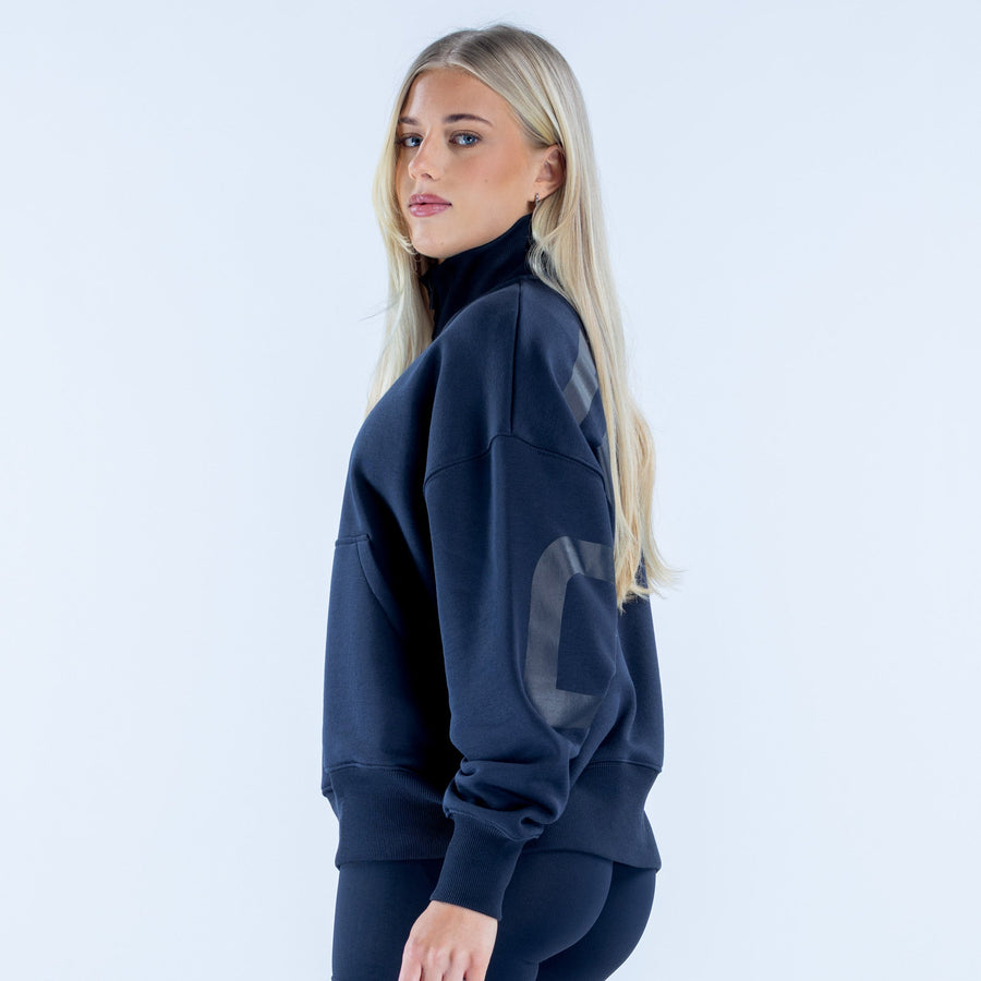 Dark quarter-zip sweatshirt with long sleeves, kangaroo pocket, and ribbed cuffs; side profile.