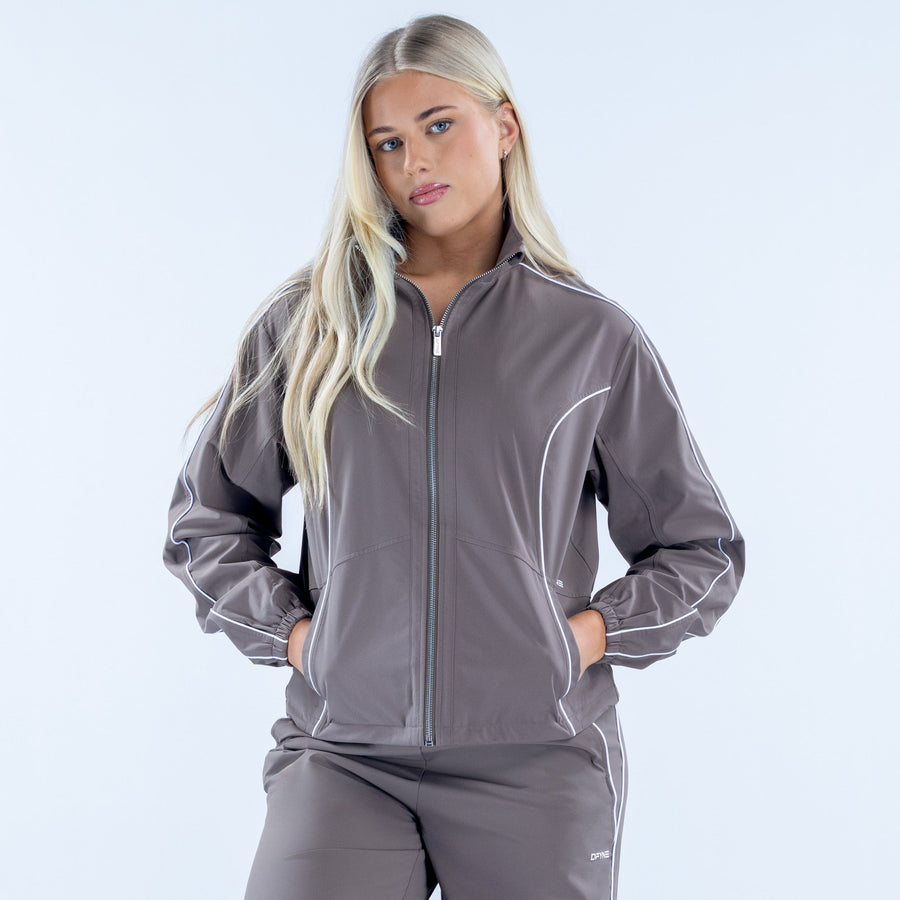 Women's gray track jacket, full-zip with stand collar and white contrast piping