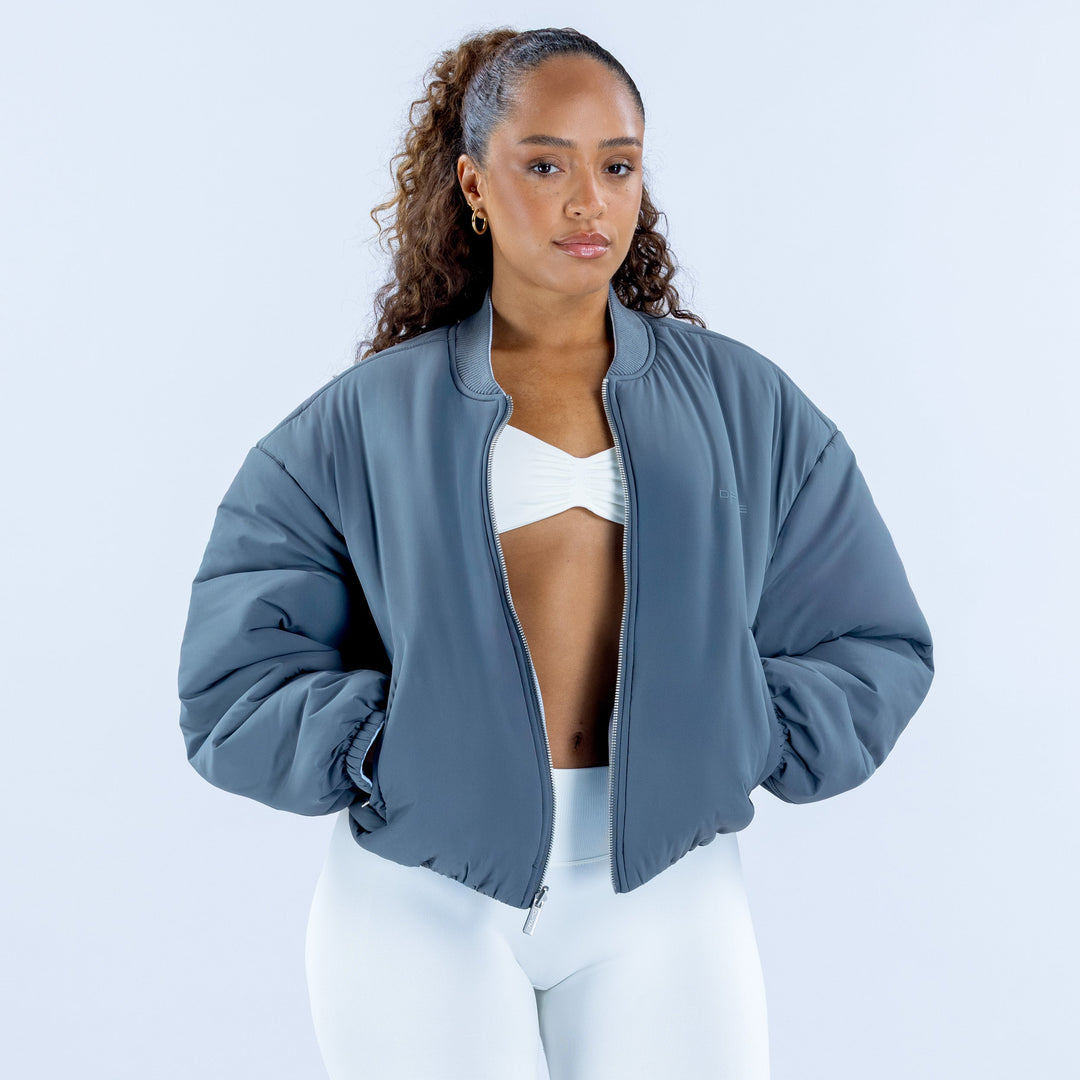 Steel-blue reversible bomber jacket, full zip front, long sleeves