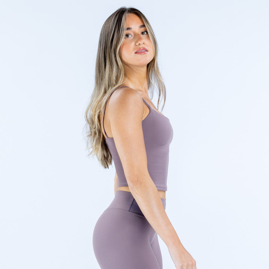 Mauve strappy top side view with thin straps and fitted cropped length