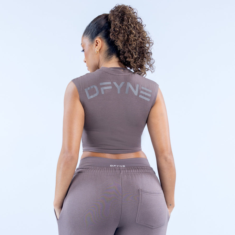 Gray sleeveless crew-neck crop baby tee with back logo print