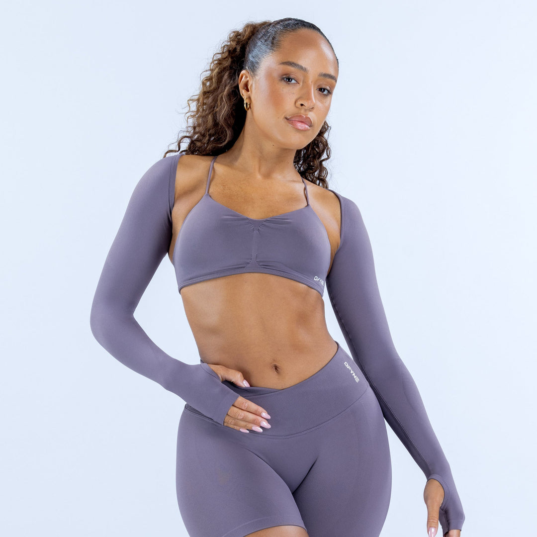 Women’s long-sleeve athletic shrug in mauve purple, cropped fit over sports bra