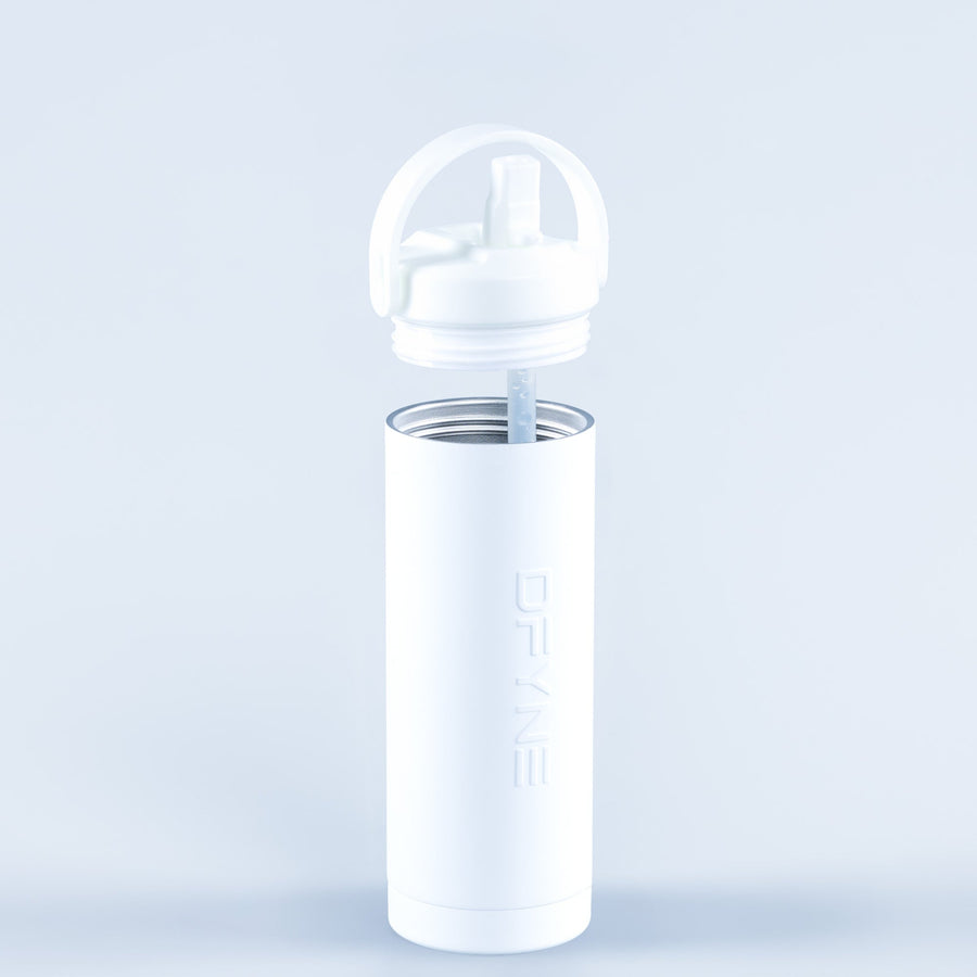 White portable water bottle with flip-top lid and drinking straw