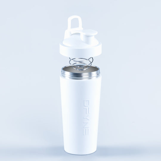 Shaker bottle with flip-top lid, spring whisk, and screw-on base, light gray body